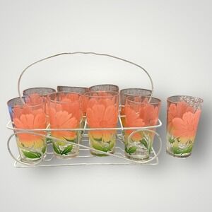 Vintage Federal Glass Cosmos Floral Glass Set Metal Caddy 9pc Daisy Cottagecore‎
